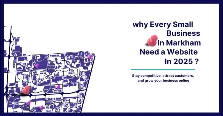 Map of Markham with location pins, emphasizing the importance of having a professional small business website in 2025 to improve visibility, credibility, and customer engagement.