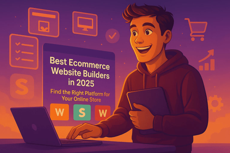 Illustration of an excited entrepreneur using a laptop to explore the best e commerce website maker in 2025, featuring platform icons, shopping cart, and growth icons.