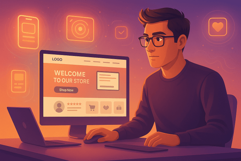 Designer working on ecommerce website homepage design with conversion elements and user-friendly interface