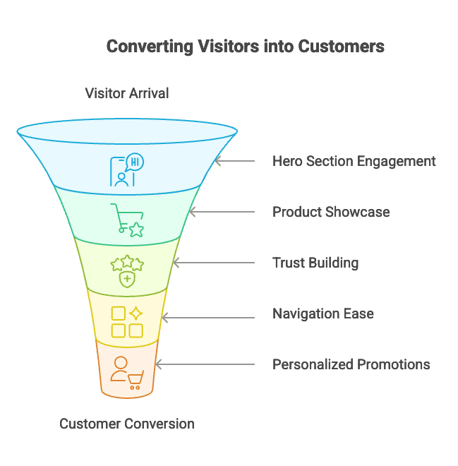 Visual guide showing how effective ecommerce website homepage design elements work together to move visitors through the conversion funnel, optimizing user experience at each stage.
