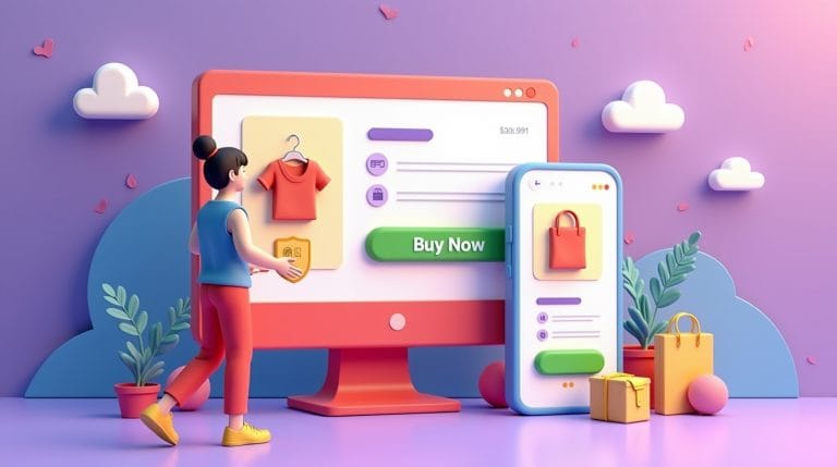 Playful 3D illustration of a shopper completing an e-commerce checkout on desktop and mobile with secure payment icons, progress bar, and “Buy Now” button, representing e-commerce checkout optimization, reducing cart abandonment, and improving checkout process UX.