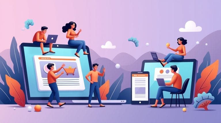 Illustration showing people interacting with e-commerce websites and mobile apps, representing e-commerce UX best practices for online shopping.