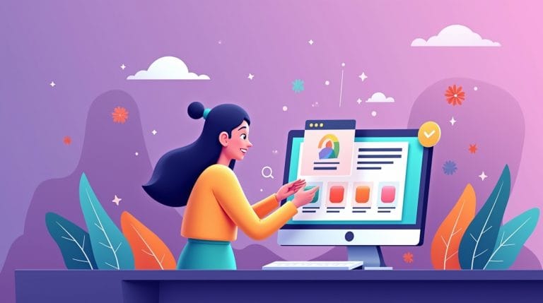 Illustration of a happy woman interacting with an e-commerce website, representing ecommerce navigation optimization for a smooth shopping experience.