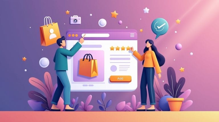Illustration of two people reviewing a product page with ratings, shopping bag icons, and an add-to-cart button, representing e-commerce product page design for maximum conversions.